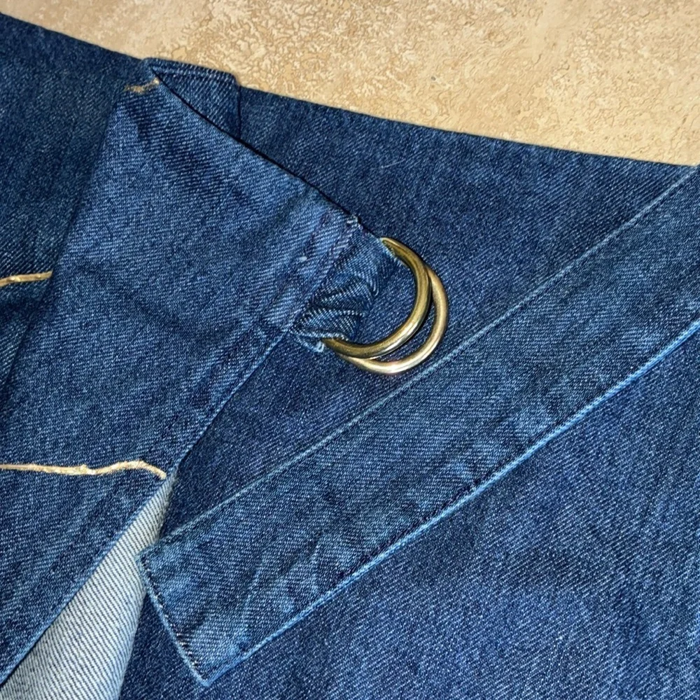 “Kintsugi” style OOAK SKIRT, Women's 8 gold embellishment, wrap, denim, raw hem.